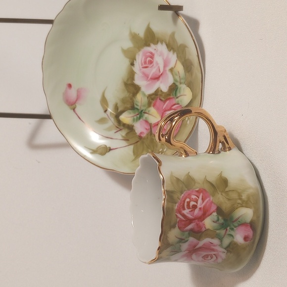 ◀️ Lefton Heritage Green/Heritage Roses Demitasse Cups w/Saucers - Picture 8 of 11